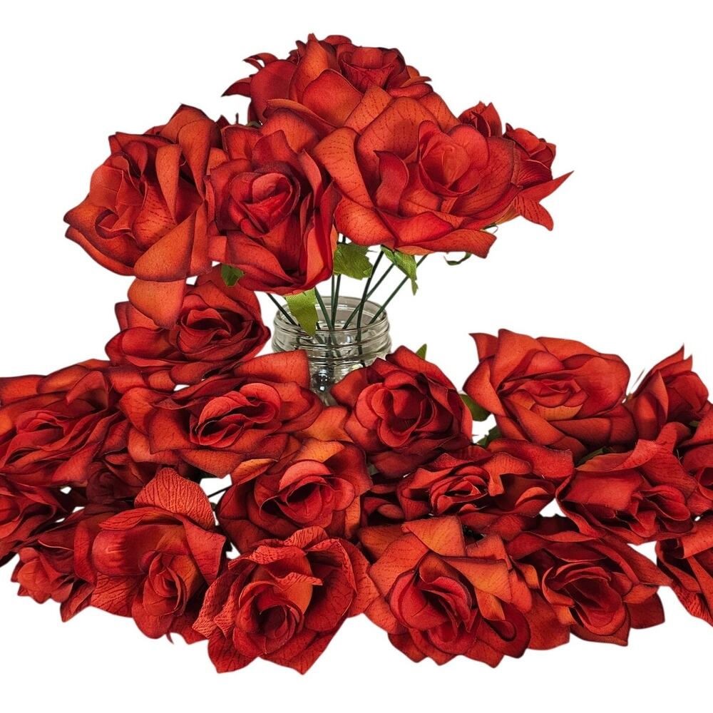 Artificial Roses 3" Red Orange Fluffy With Stems Wedding Floral Decor Lot of 35